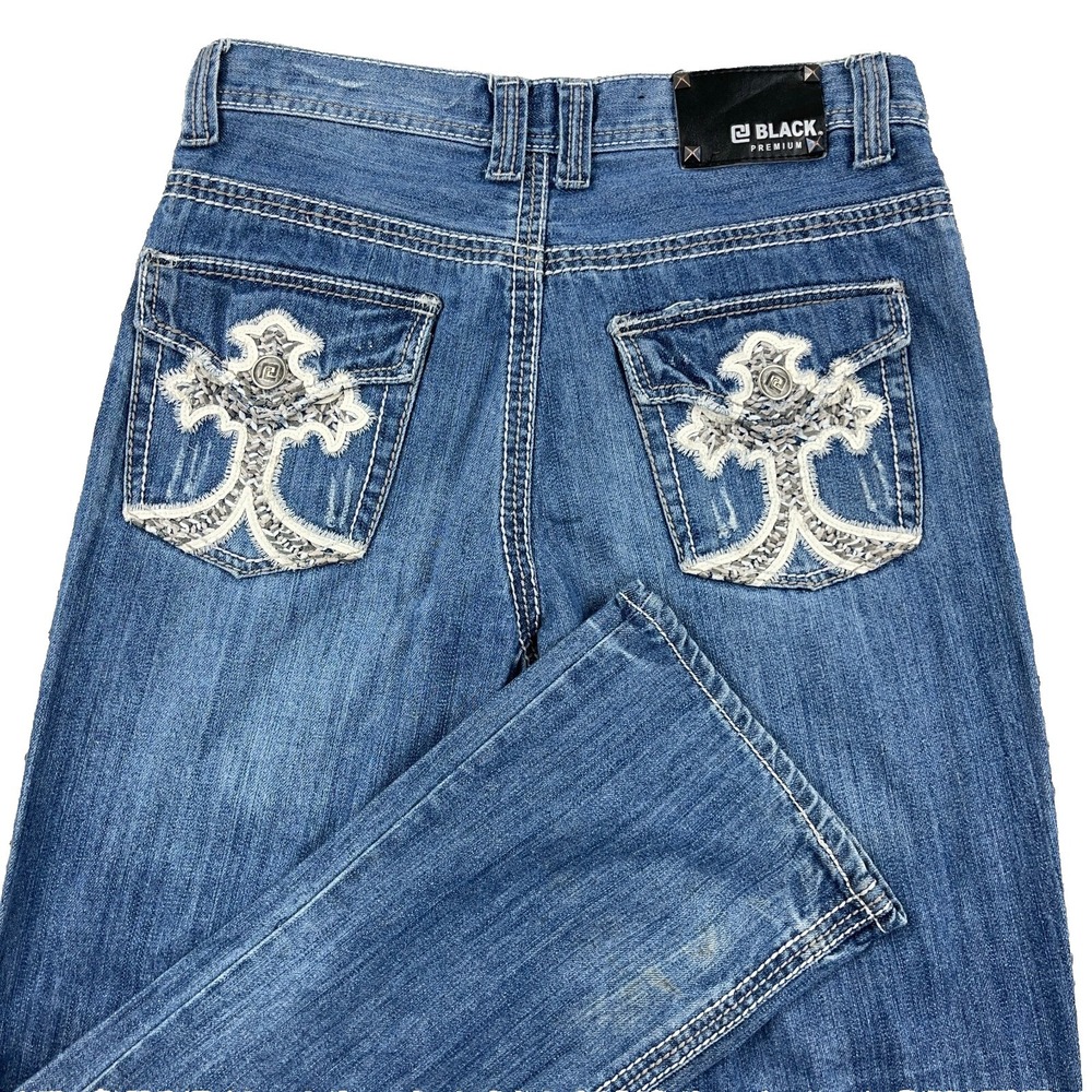 CJ Black Jeans Men 30x32 Relaxed Straight Flap Pockets Embroidered Med Wash Fade - Picture 3 of 16